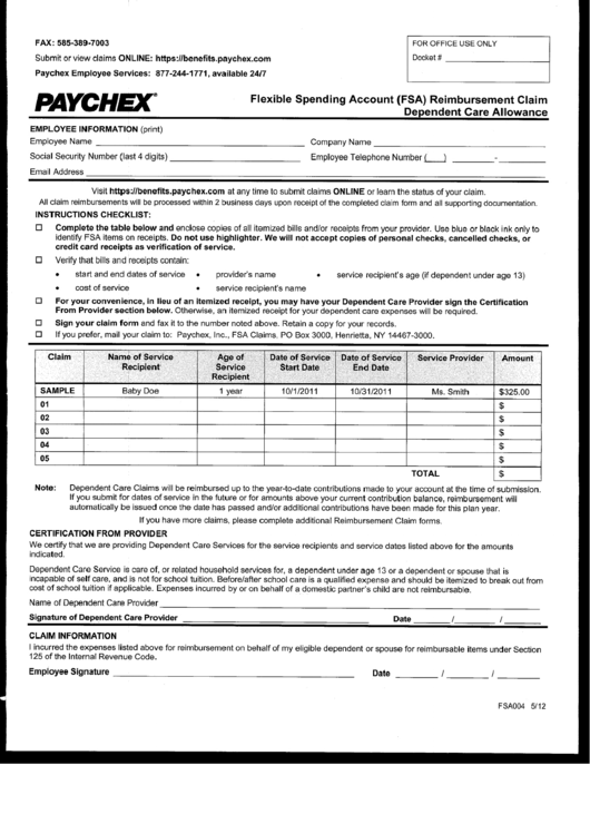 Form Fsa 004 Flexible Spending Account Fsa Reimbursement Claim 