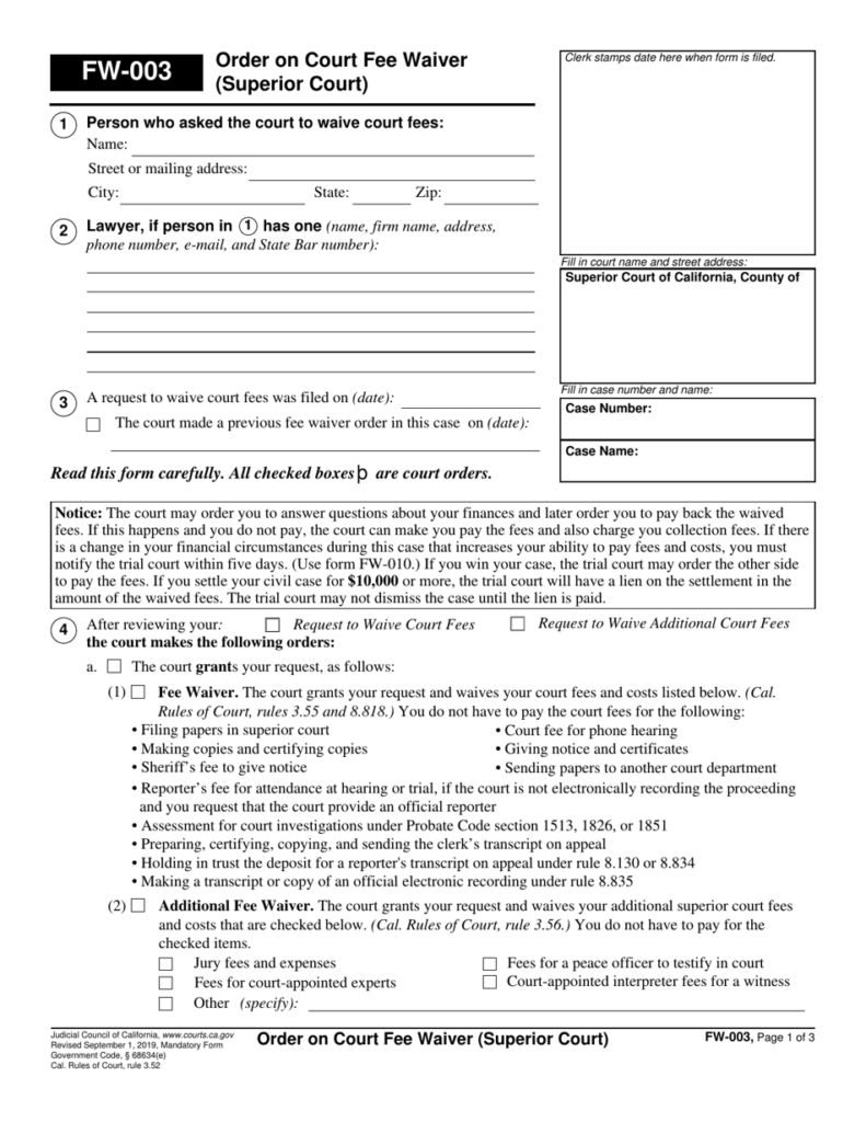 Form FW 003 Download Fillable PDF Or Fill Online Order On Court Fee 