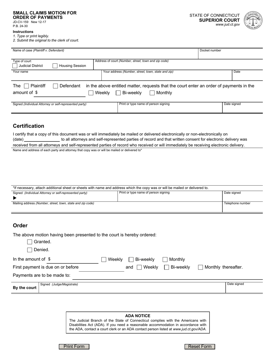 Form JD CV 159 Download Fillable PDF Or Fill Online Small Claims Motion 