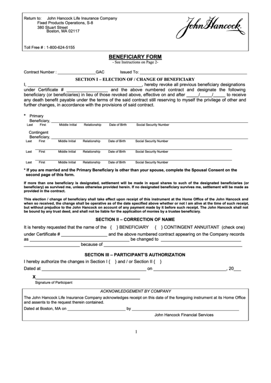 Form Jhga8 John Hancock Life Insurance Company Beneficiary Form 