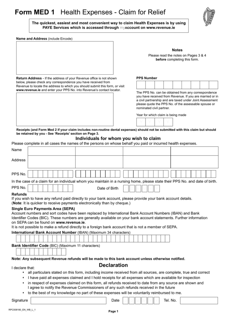 Form MED1 Download Fillable PDF Or Fill Online Health Expenses Claim 