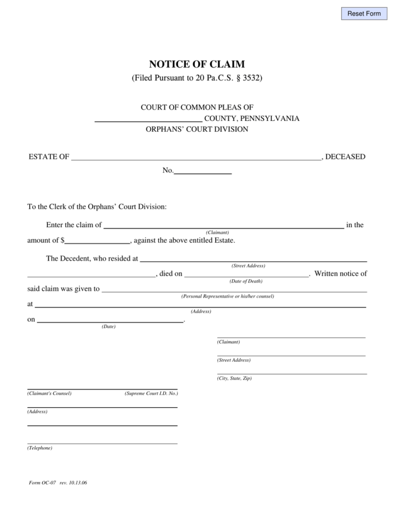 Form OC 07 Download Fillable PDF Or Fill Online Notice Of Claim 