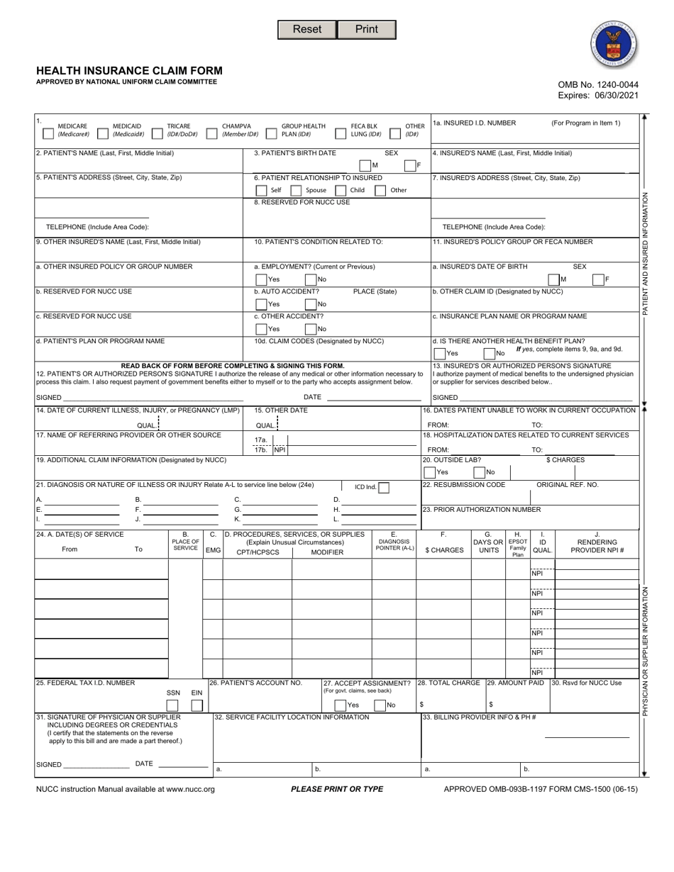 Form OWCP 1500 Download Fillable PDF Or Fill Online Health Insurance 