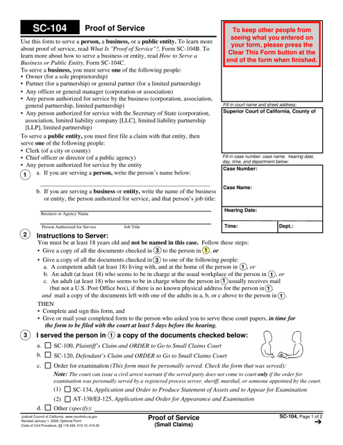 Form SC 104 Download Fillable PDF Or Fill Online Proof Of Service 