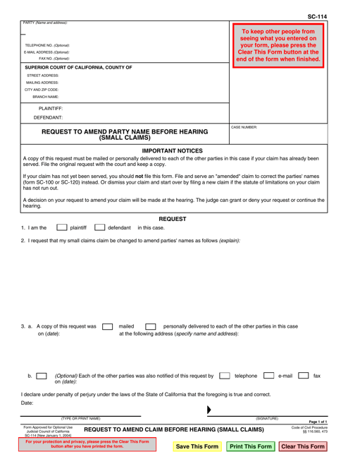 Form SC 114 Download Fillable PDF Or Fill Online Request To Amend Claim 