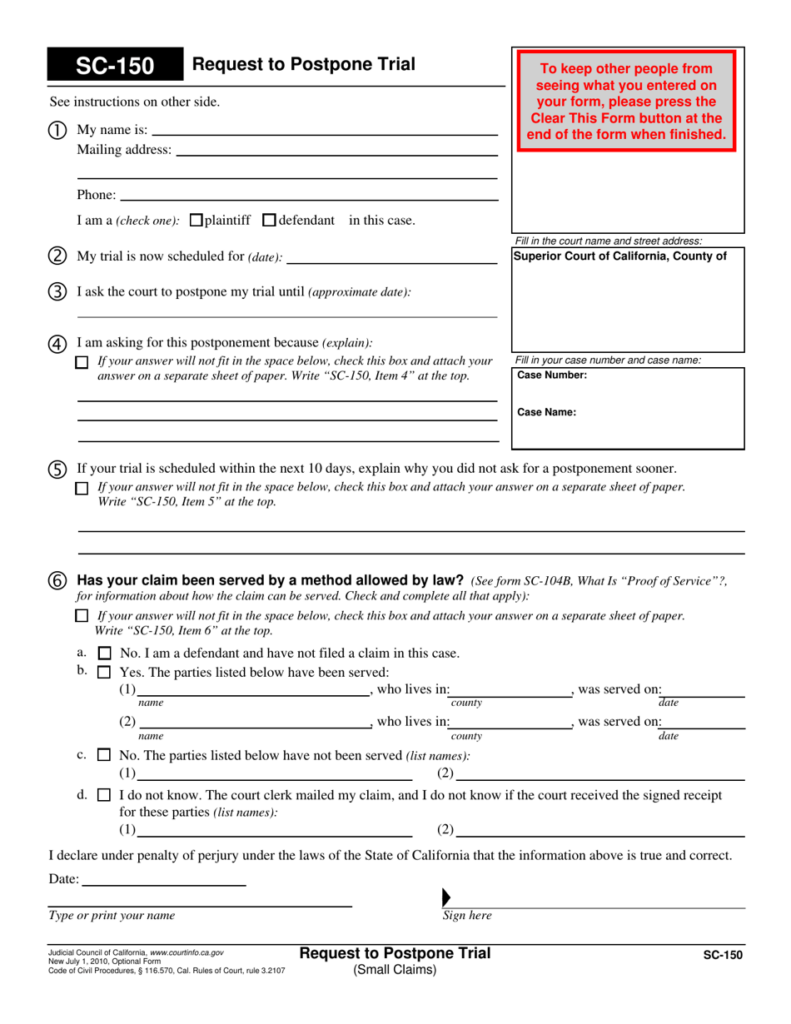 Form SC 150 Download Fillable PDF Or Fill Online Request To Postpone 