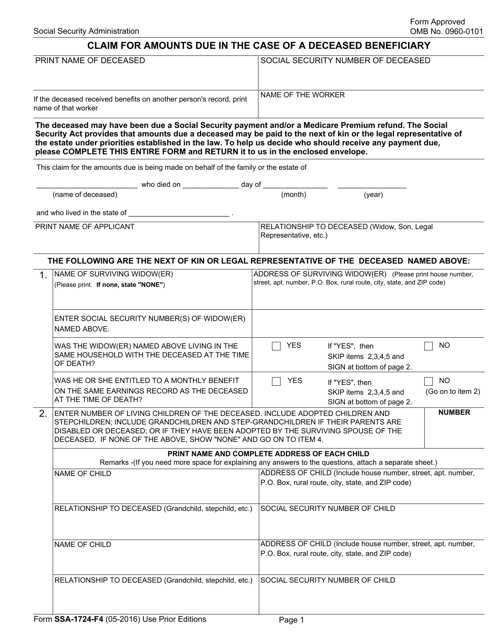 Form SSA 1724 F4 Download Fillable PDF Or Fill Online Claim For Amounts