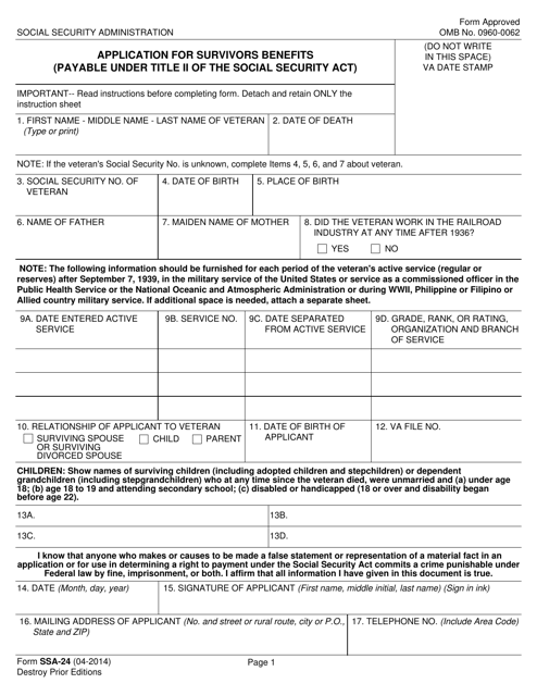 Form SSA 24 Download Fillable PDF Or Fill Online Application For 