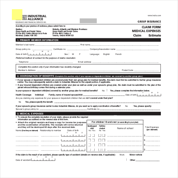 FREE 11 Sample Medical Claim Forms In PDF MS Word Excel