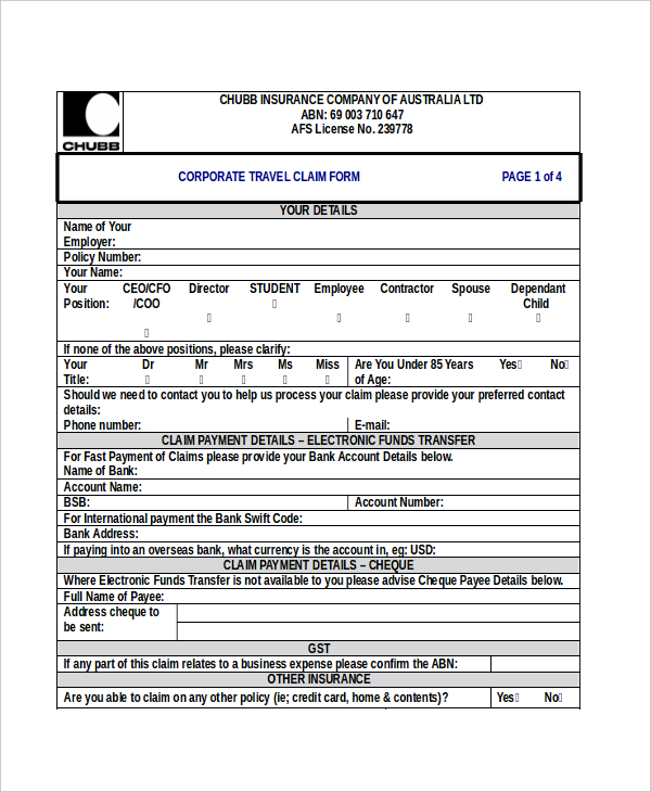 FREE 11 Sample Travel Claim Forms In PDF MS Word Excel