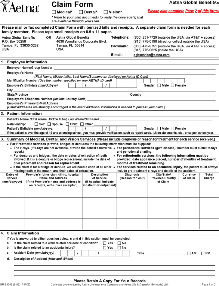 Free Aetna Medical Claim Form PDF 204KB 2 Page s