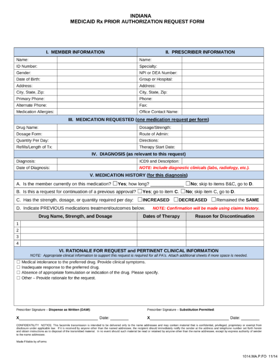 Free Indiana Medicaid Prior Rx Authorization Form PDF EForms