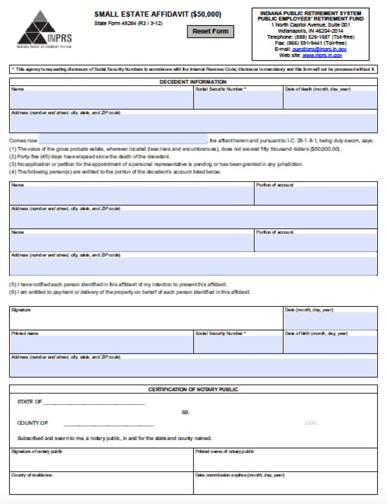 Free Indiana Small Estate Affidavit Form 49284 Form PDF Word