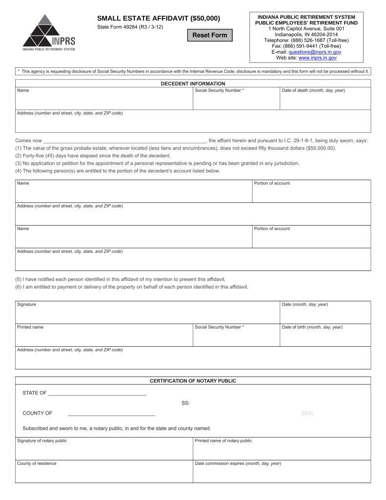 Free Indiana Small Estate Affidavit Form 49284 PDF EForms