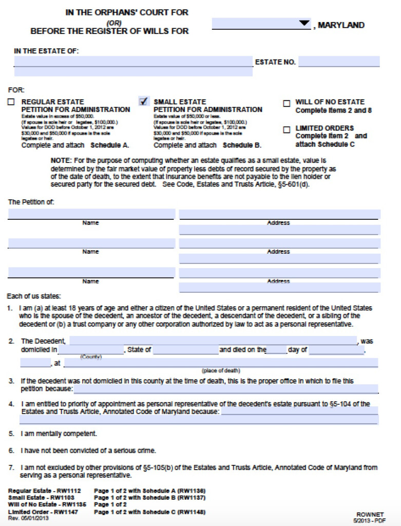 Free Maryland Small Estate Affidavit Petition Packet Form PDF Word