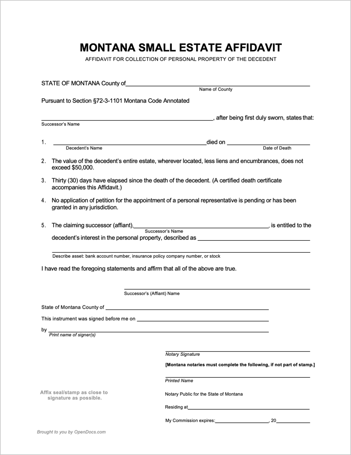 Free Montana Small Estate Affidavit Form PDF WORD