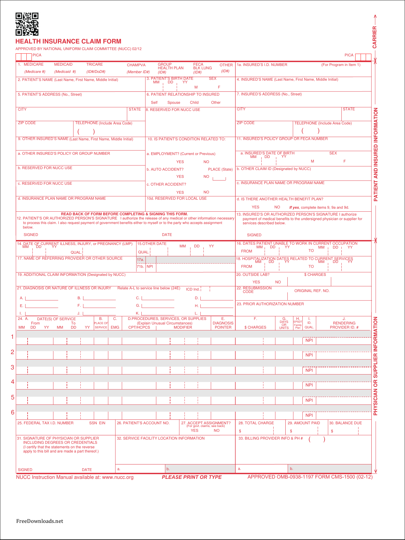 Free Printable 1500 Health Insurance Claim Form Free Printable Templates