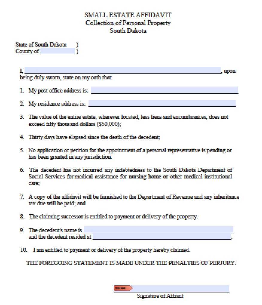 Free South Dakota Small Estate Affidavit Form PDF Word