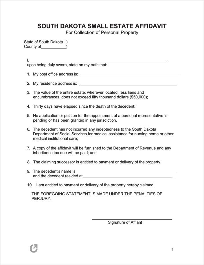 Free South Dakota Small Estate Affidavit Form PDF WORD