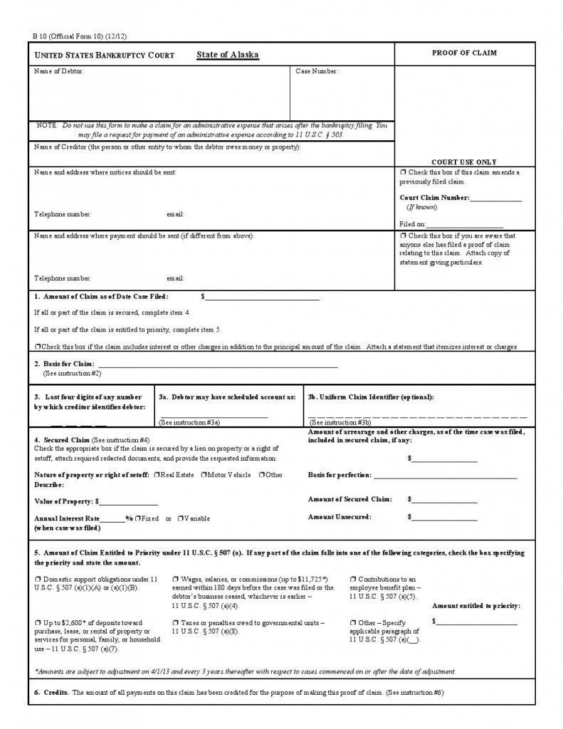 Free State Of Alaska Proof Of Claim Form PDF Template Form Download