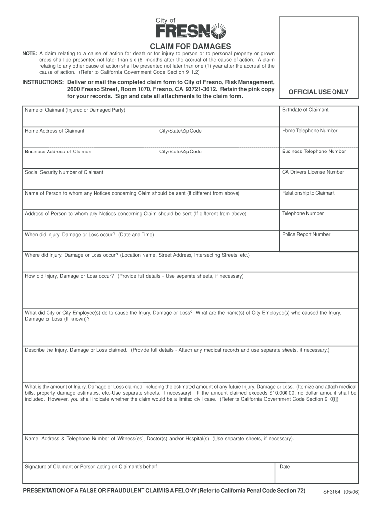 Fresno Form Claim Damages Fill Online Printable Fillable Blank 