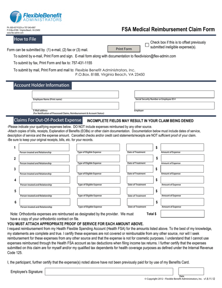 FSA Medical Reimbursement Claim Form