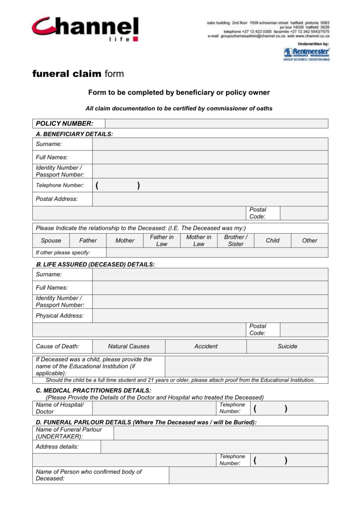 Funeral Claim Form Form To Be Completed By Beneficiary Or Policy