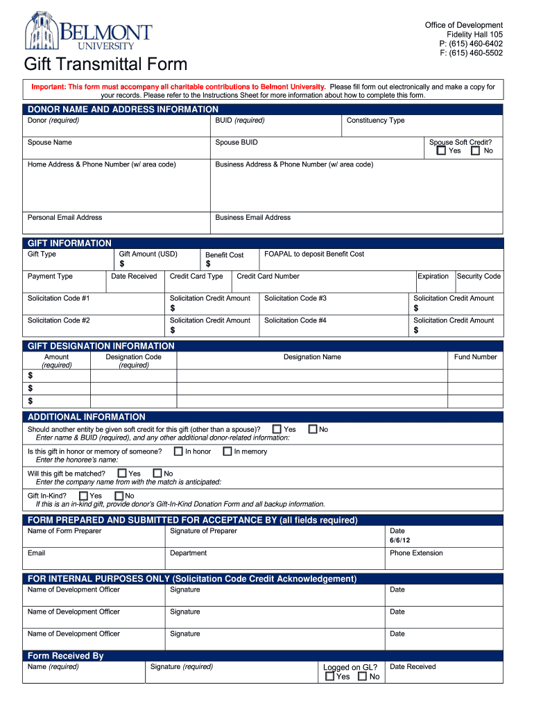 Gift Transmittal Form Belmont University Belmont Fill Out And Sign 