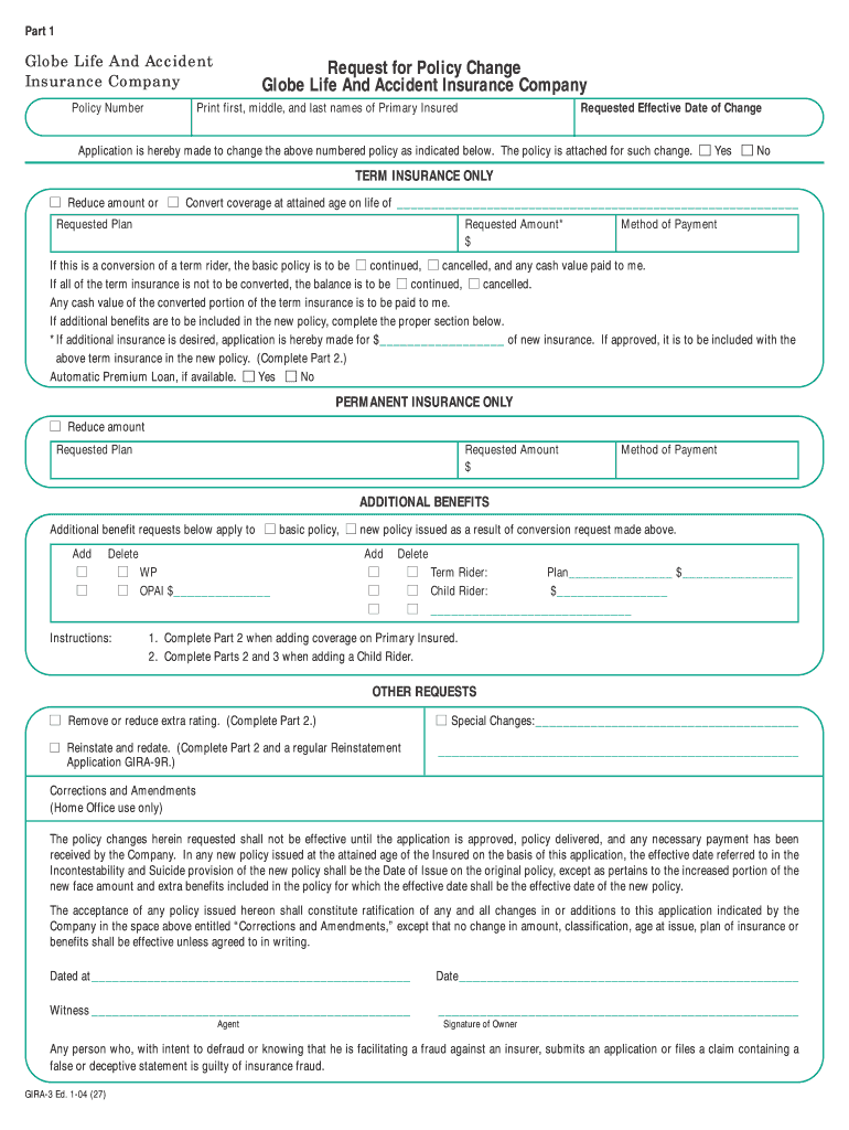 Globe Life And Accident Request For Policy Change Form 2004 2022 Fill 