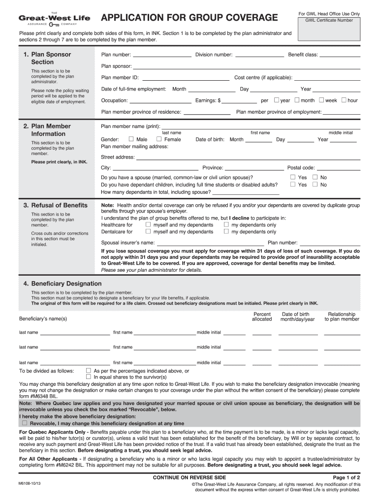 Great West Life Application For Group Coverage Fill Out Sign Online 