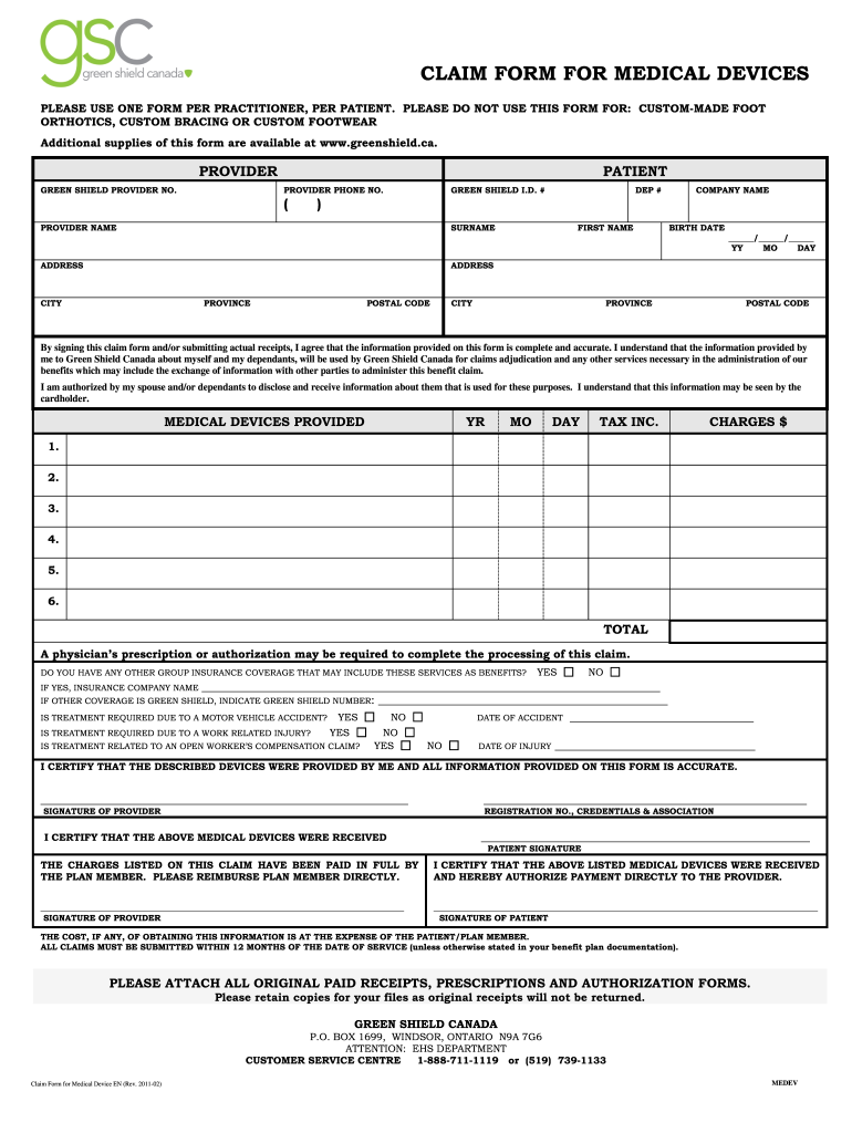Green Shield Claim Form For Medical Devices 6496