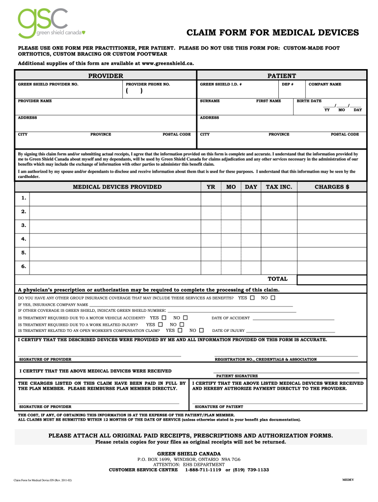 Green Shield Medical Device Claim Forms Fill Out And Sign Printable 