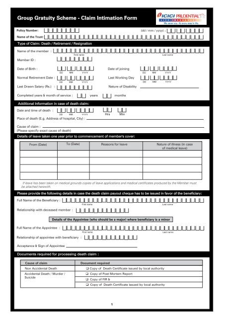 Group Gratuity Claim Form ICICI Prudential Life Insurance