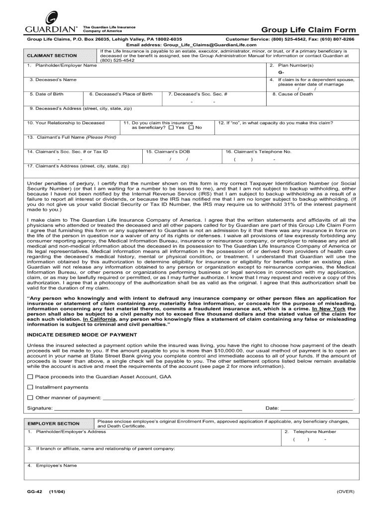 Guardian Group Life Claim Form Gg42 Fill Out Sign Online DocHub