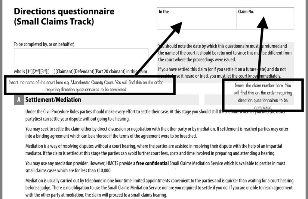 Directions Questionnaire Small Claims Form - ClaimForms.net