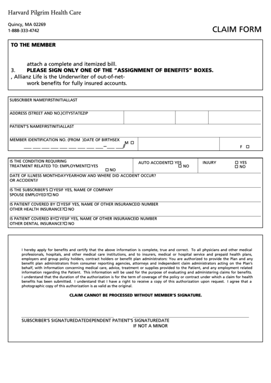 Harvard Pilgrim Health Care Claim Form Printable Pdf Download