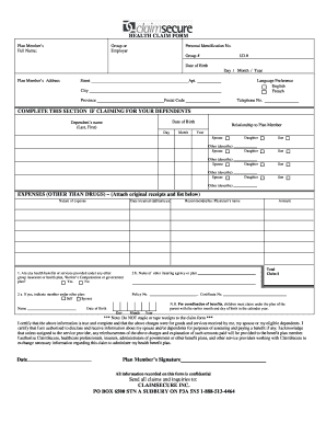 HEALTH CLAIM FORM COMPLETE THIS SECTION ClaimSecure Fill And