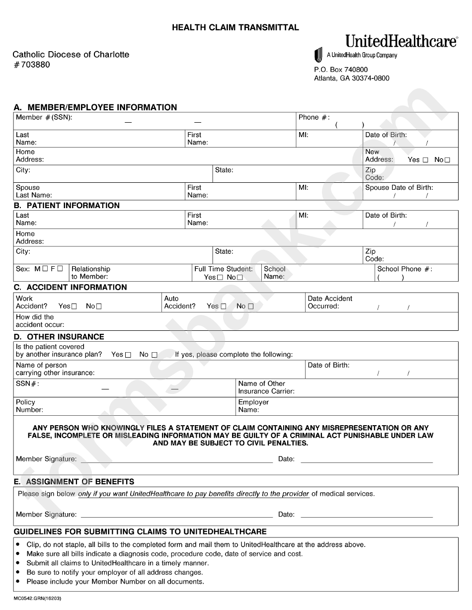 Health Claim Transmittal United Healthcare Printable Pdf Download