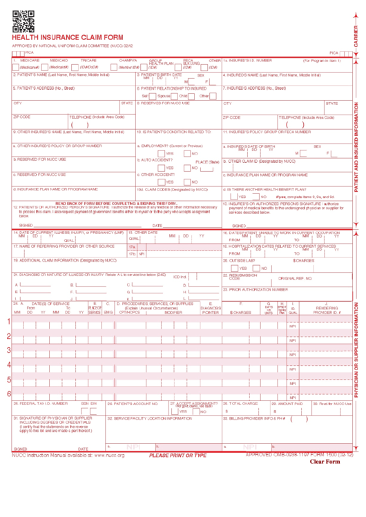 Health Insurance Claim Form 1500 Fillable Pdf Printable Forms Free Online