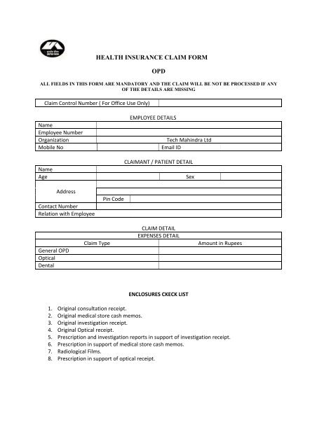 HEALTH INSURANCE CLAIM FORM OPD Genins India TPA Ltd 