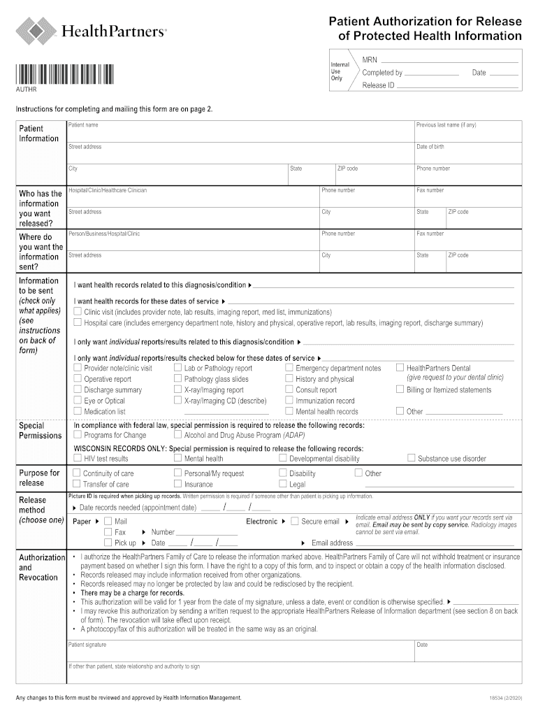 HealthPartners Form 18534 2020 Fill And Sign Printable Template 