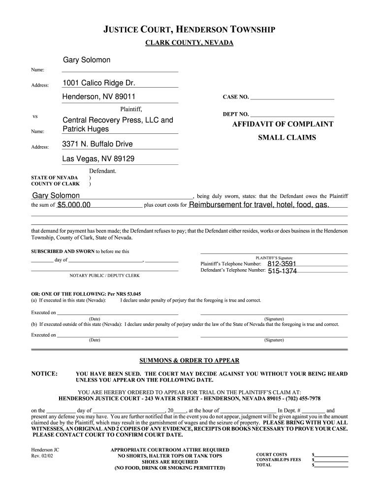 Henderson Small Claims Court Fill And Sign Printable Template Online 