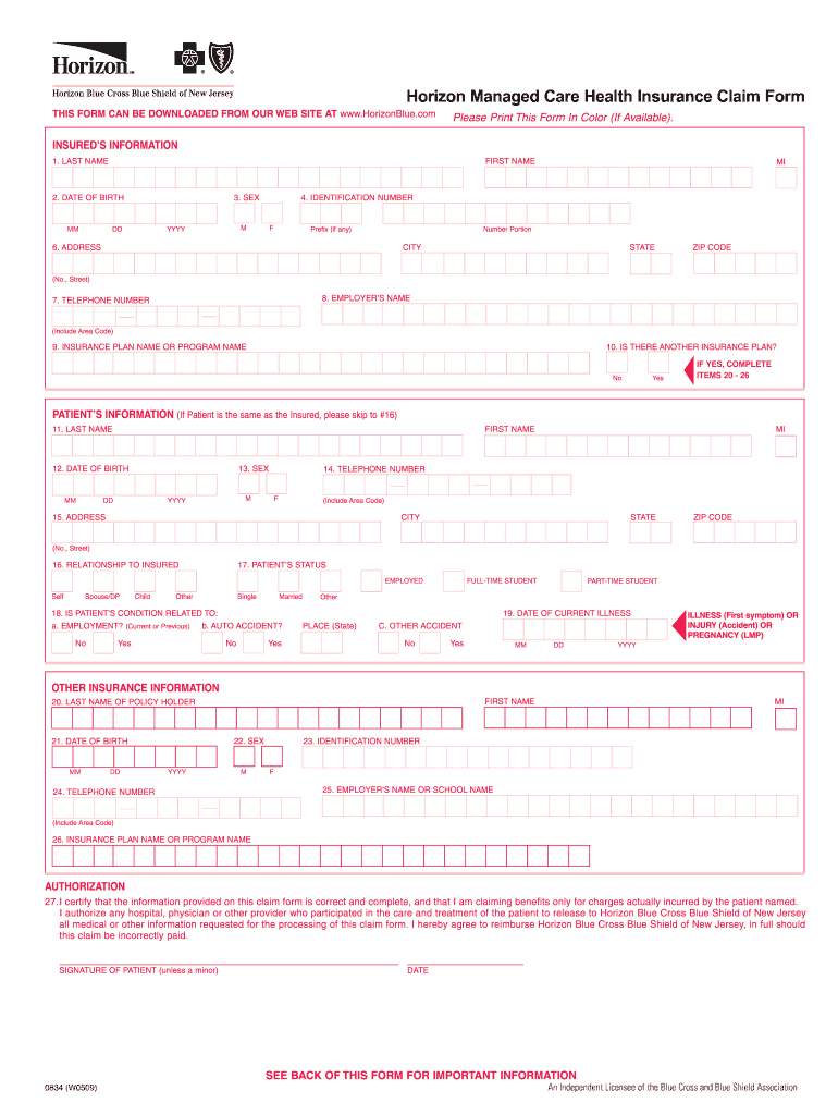 Horizon Blue Cross Blue Shield Claim Form Fill Online Printable