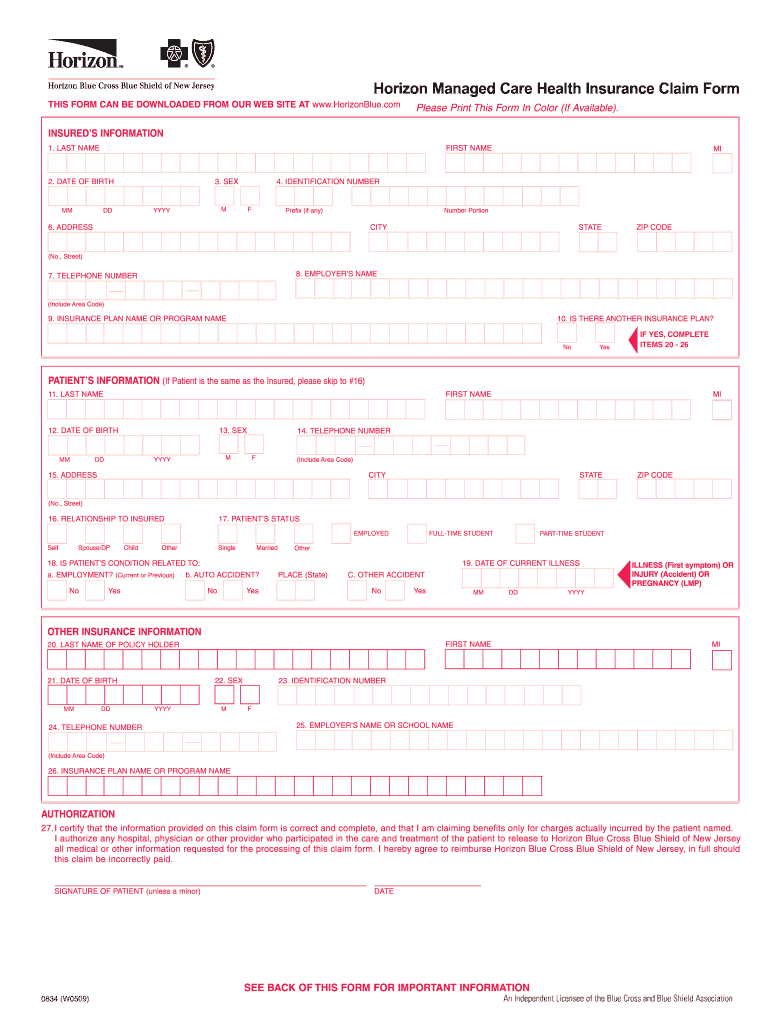 Horizon Blue Cross Blue Shield Claim Form Fill Online Printable 