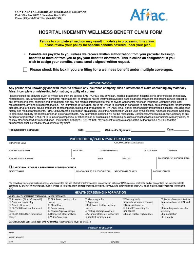 Hospital Indemnity Wellness Benefit Claim Form Aflac Group Insurance