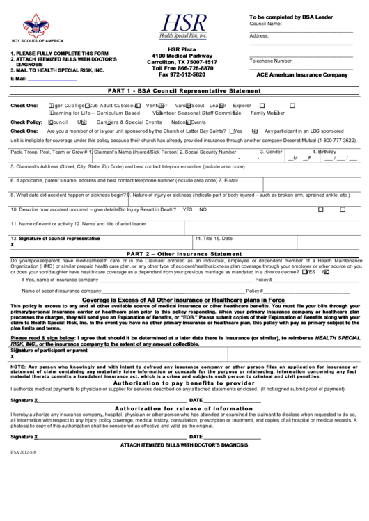 Hsr Boy Scouts Of America Insurance Claim Form 2012 Printable Pdf