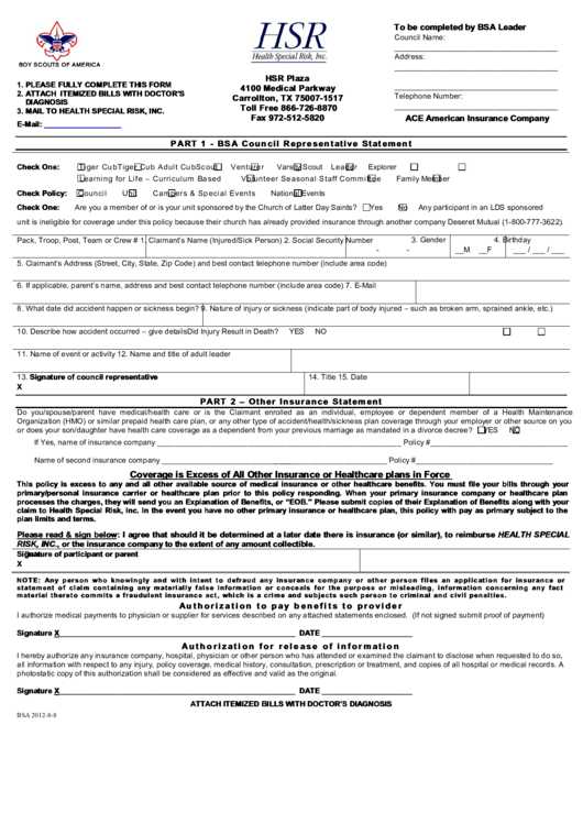 Hsr Boy Scouts Of America Insurance Claim Form 2012 Printable Pdf 