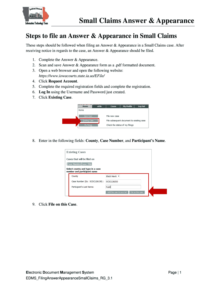 IA Small Claims Answer Appearance Fill And Sign Printable Template 