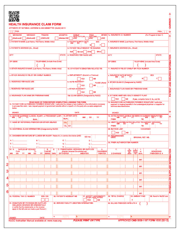 Imprinted CMS 1500 Form Health Insurance Claim Form HCFA 1500