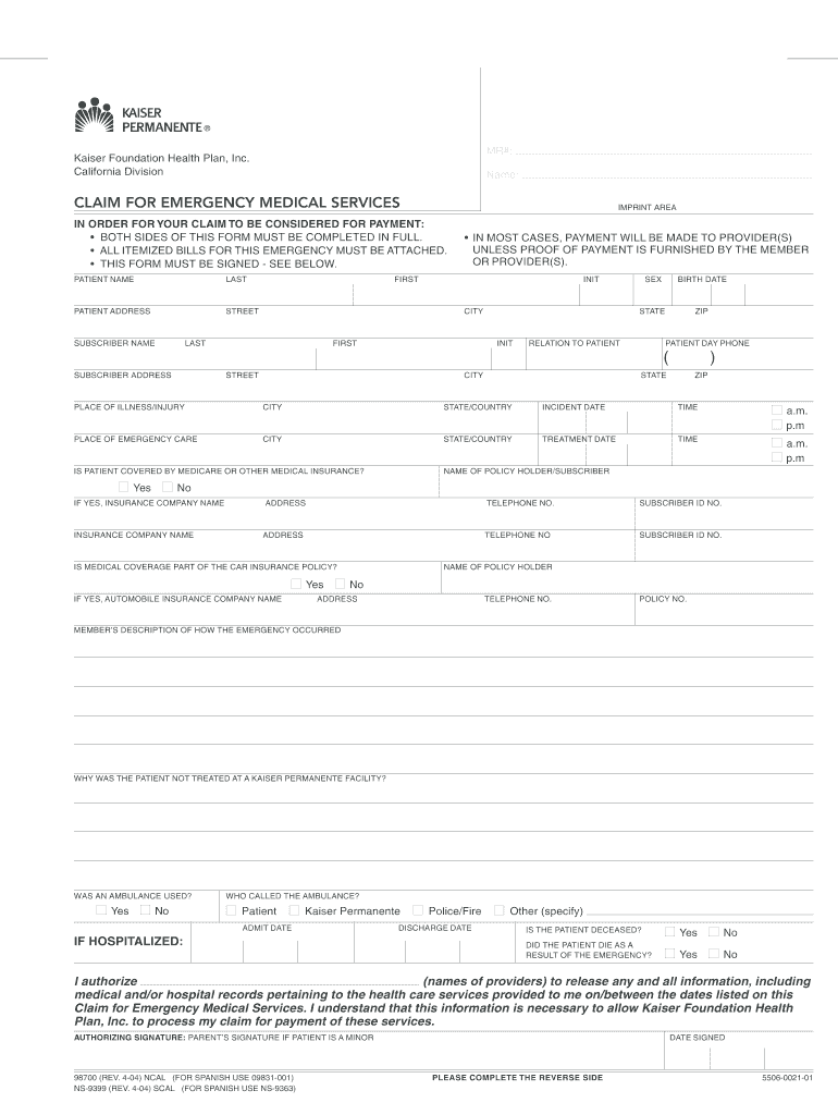 Kaiser Permanente Claim Medical Form Fill Online Printable Fillable